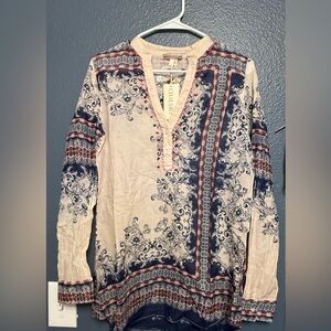 Chaudry Women's Patterned Button Down Shirt - Beige and Blue